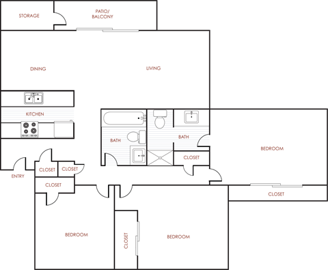 Floor plan for 3 beds, 2 baths, 1095 sqft